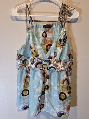BCBGMaxAzria Light Blue Multicolor Circular Print Blouse 100% Cotton Size Large